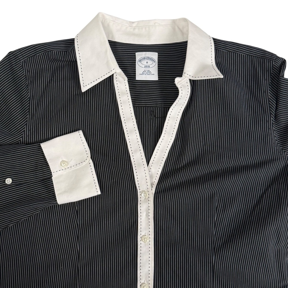 Brooks Brothers Pinstripe Fitted Non Iron Blouse Black Contrast Trim Womens 8